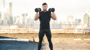 Rick exercising with a workout app out on a roof top in New York City. 